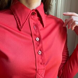 Vintage 70s Dagger Collar Rust Orange Stretch Collared Shirt Top Size Small